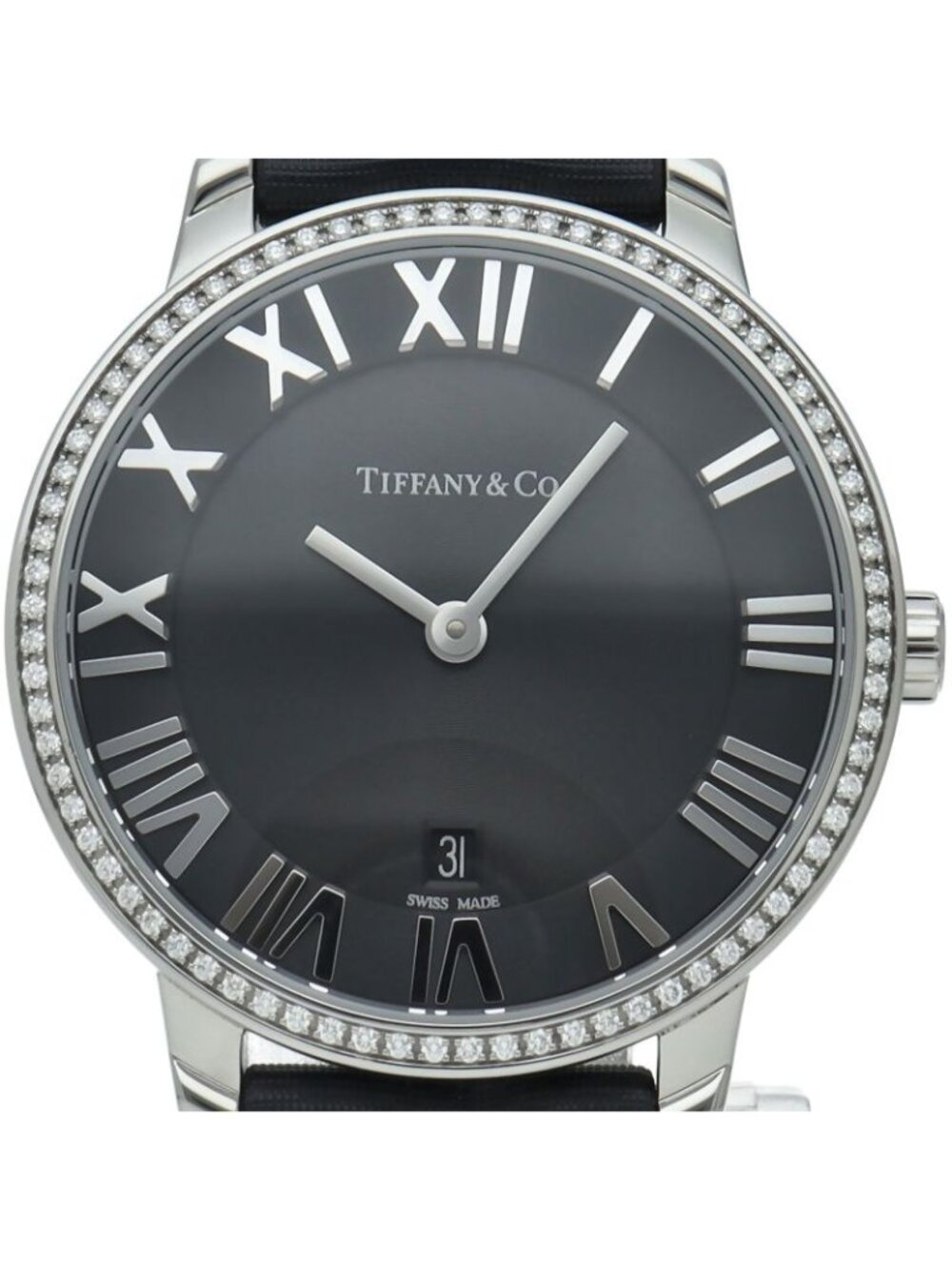 Tiffany & Co Atlas Dome Watch Diamond Bezel SS Leather